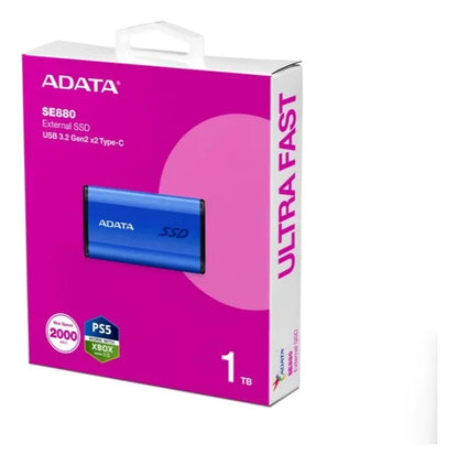 SSD Externo ADATA SE880 1TB. Interfaz USB 3.2 Gen 2 X2, Puerto USB-C Azul