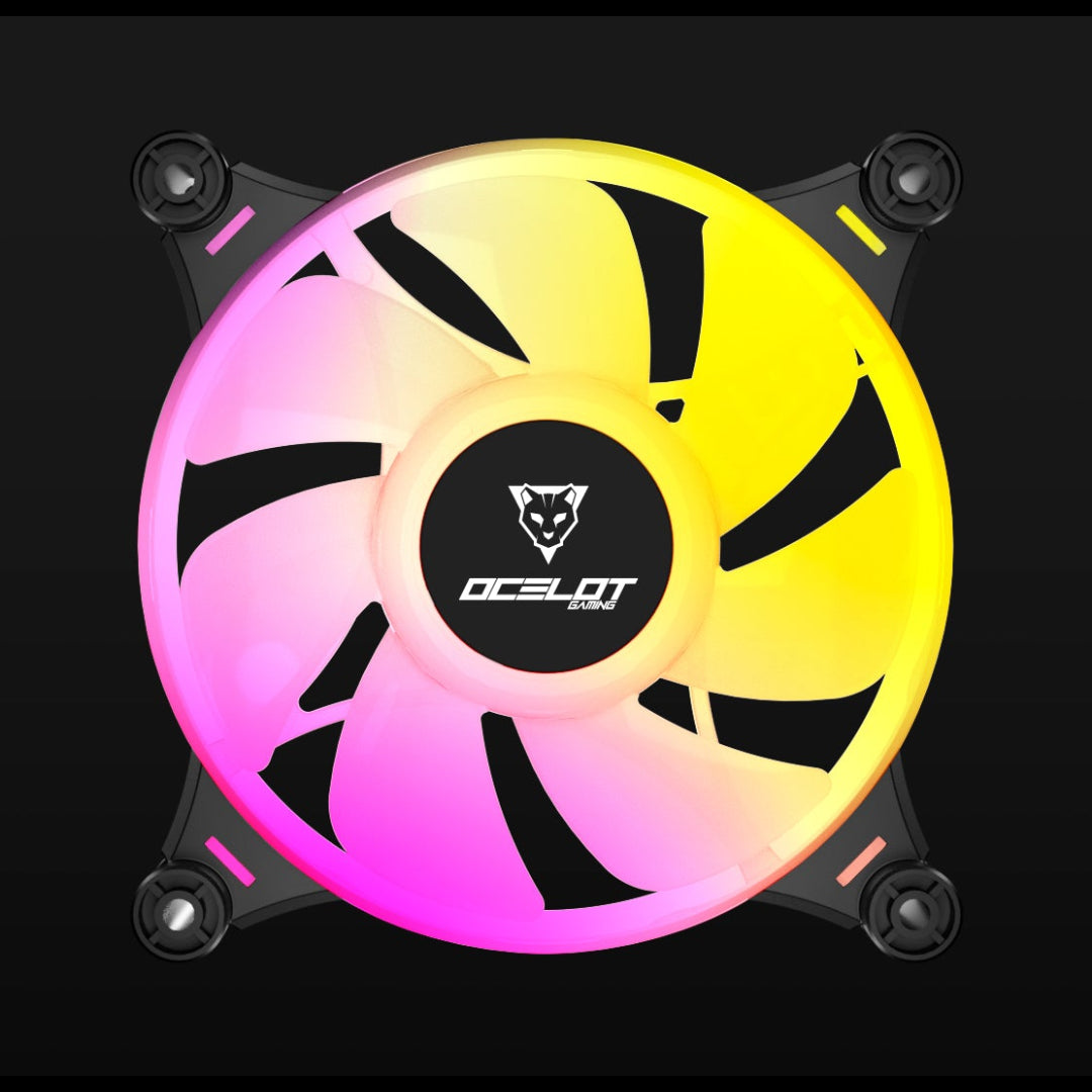 Ventilador de Chasis Ocelot Gaming OF-3 (120mm) - Iluminación ARGB, Flujo de Aire de 38.5 CFM, 1200 RPM, Conector de 4 Pines y Operación Silenciosa (Color Negro)