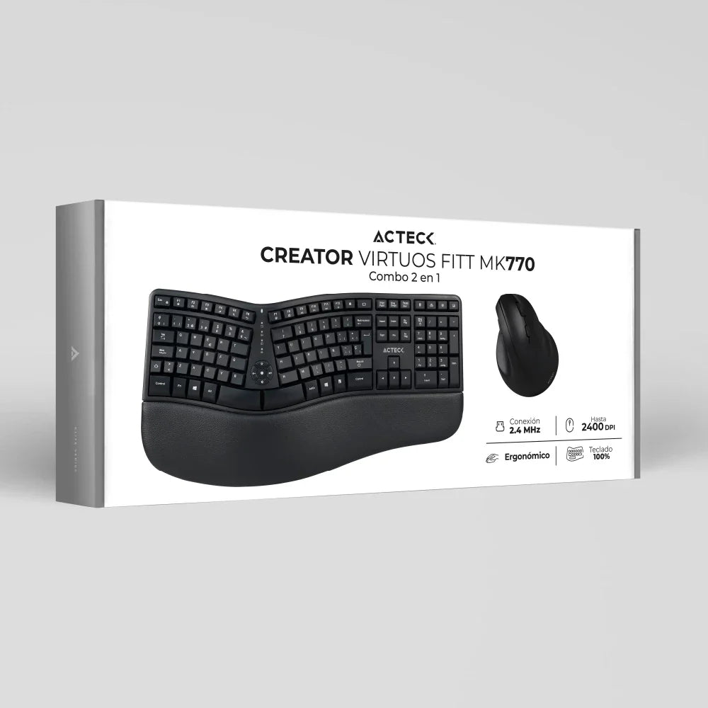 Kit Acteck Creator Virtuos Fitt MK770 — Teclado y Mouse Vertical Inalámbricos, con receptor USB, teclado multimedia en español de 118 teclas, mouse vertical ergonómico óptico con 2400 DPI ajustable, recargable, color negro.