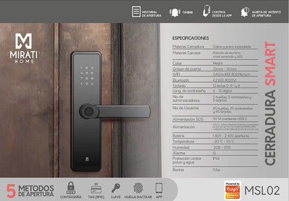 Cerradura Inteligente WiFi con Huella Digital, RFID y Código Numérico MSL02