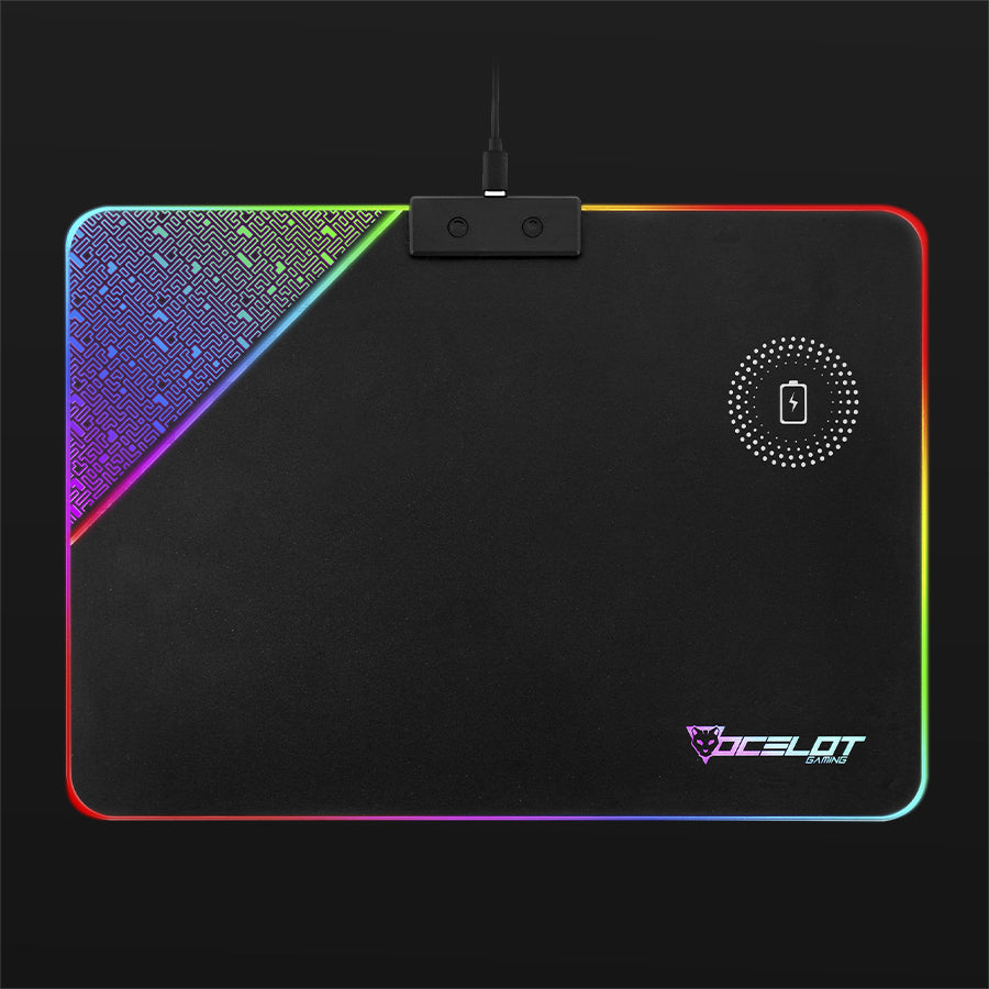 Mouse Pad Gamer Rígido Ocelot Gaming - Iluminación RGB, Carga Inalámbrica Integrada para Smartphones y Conexión USB Plug and Play