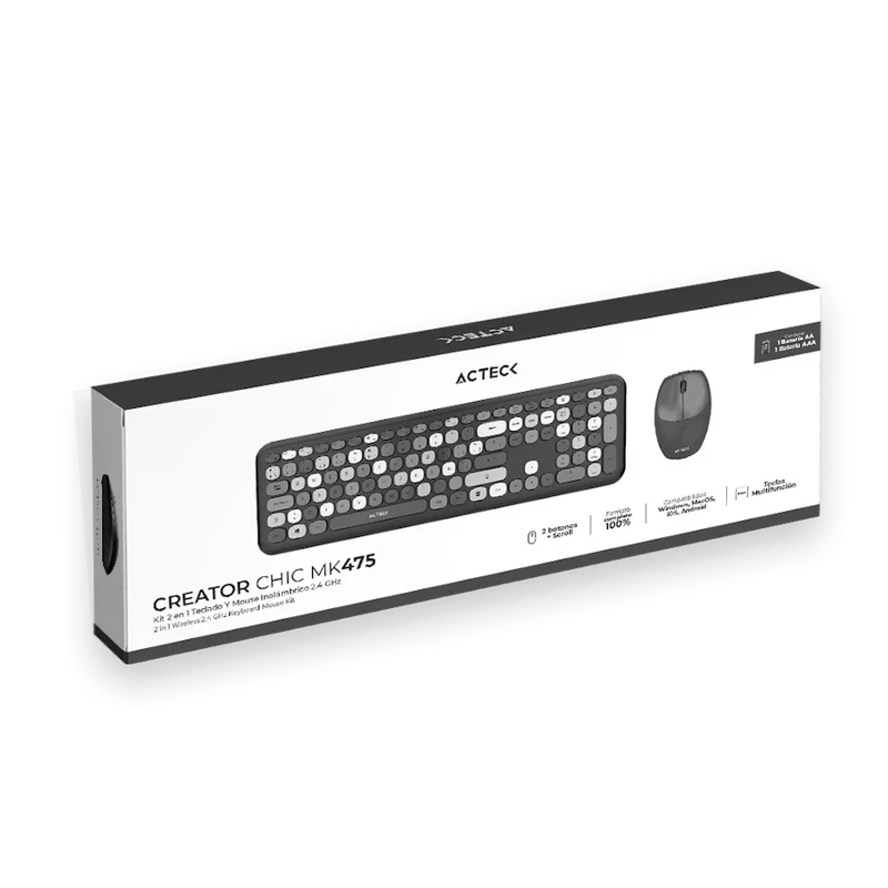 Kit Acteck Creator Chic MK475 — Teclado y Mouse Inalámbricos, teclado de 110 teclas con tecnología de membrana y mouse óptico inalámbrico con 2 botones + scroll, conexión USB 2.4 GHz, color negro.